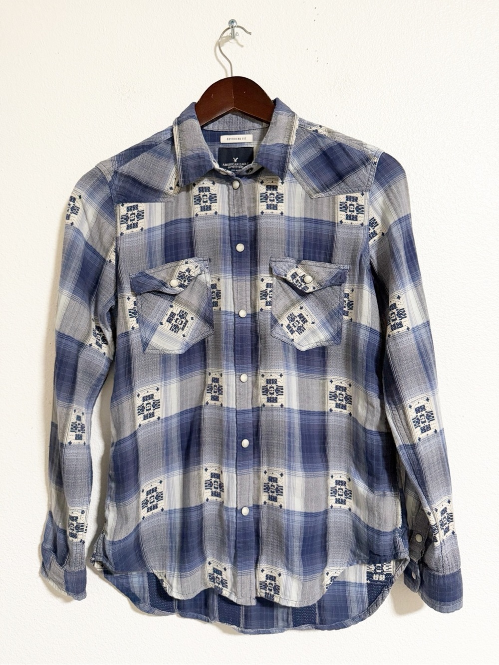 American Eagle Embroidered Western Plaid Snap Button Boyfriend Fit Top Blue S